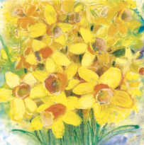 A greeting card featuring an artistic painting of a vibrant bouquet of yellow daffodils with orange centers. The flowers are painted in a textured, expressive style with visible brushstrokes, set against a softly blended background of green, blue, and white hues