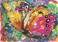 Vibrant abstract painting of a butterfly with multicolored wings, featuring shades of yellow, orange, pink, and black accents. The background is a lively mix of green, blue, and red brushstrokes, creating a dynamic and expressive composition