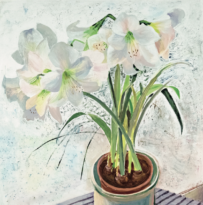 A watercolour-style painting of a potted amaryllis plant with delicate white and pale pink blossoms and lush green leaves. The plant is set against a soft, textured background with light blue and white tones, giving a serene and artistic feel. The pot sits on a surface with subtle shadowing, adding depth to the composition.